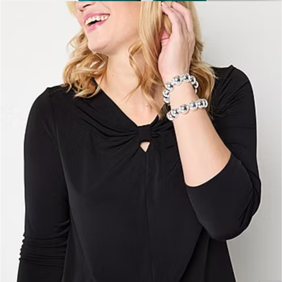 Liz Claiborne Keyhole Neck 3/4 Sleeve Stretch Jersey Blouse Black Large NEW - Picture 2 of 10